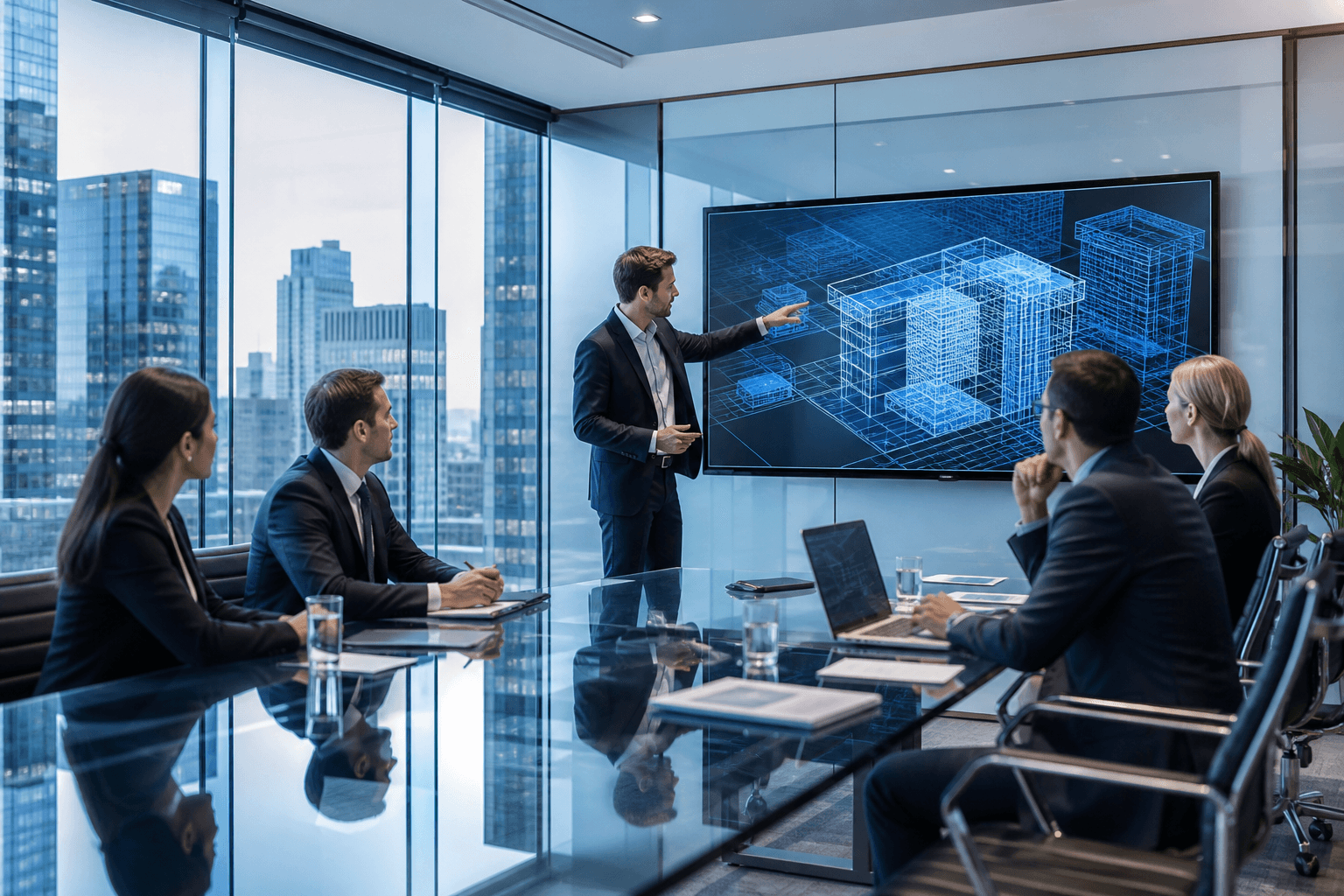 Consulting workshop reviewing architecture diagrams in a modern conference room